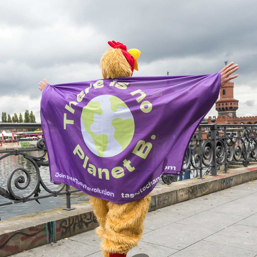 A person in a chicken costume holding up a purple 'There is no Planet B' flag beside a canal